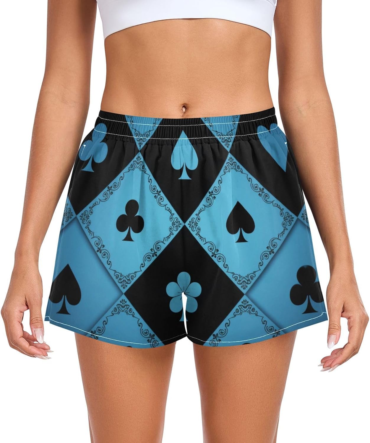 Blue Lace Poker Grid Womens Athletic Shorts Ouick Dry Lady Track Shorts for Workout Gym Fitness Cycling Swimming licras para Mujer cortas L