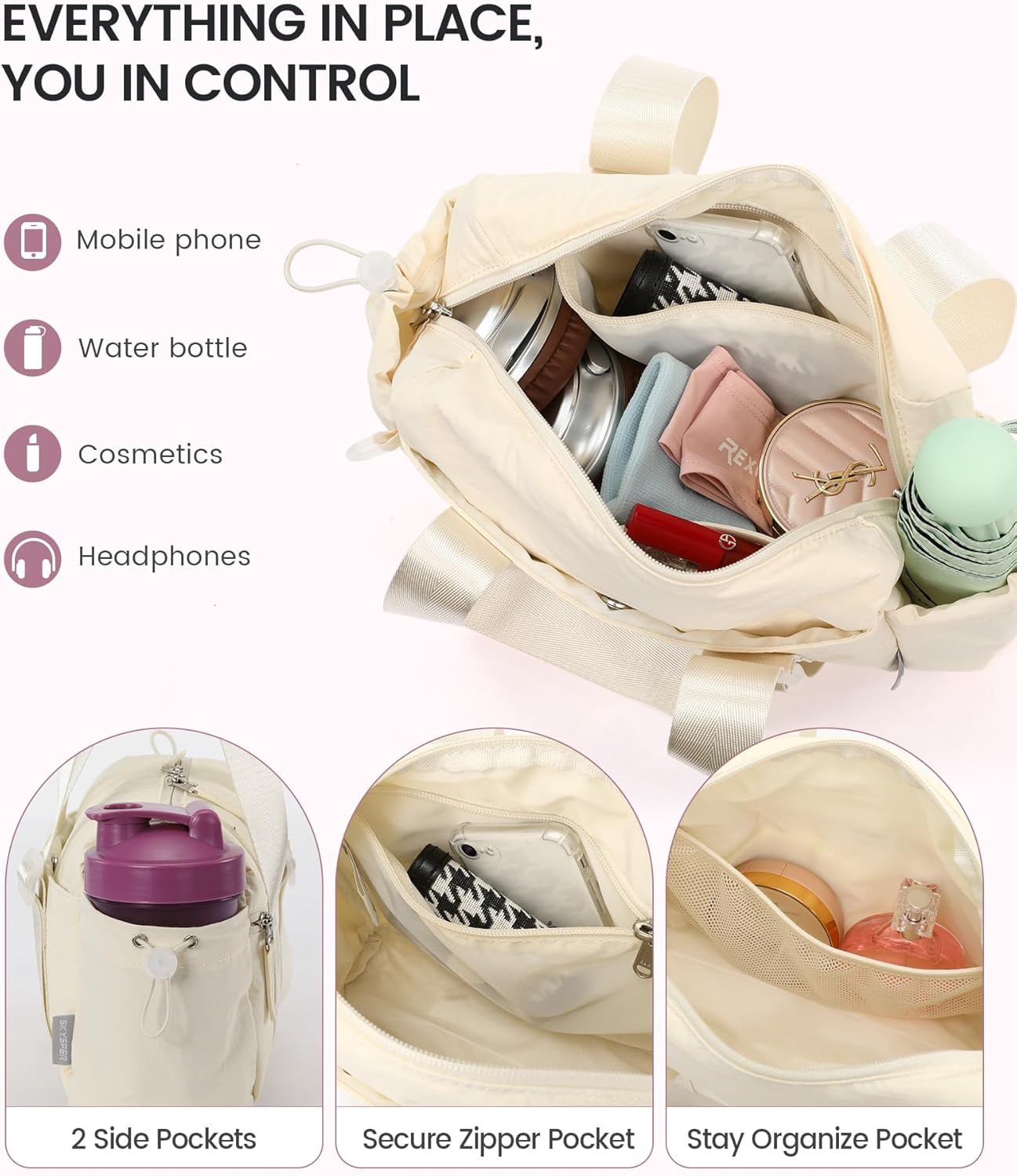 SKYSPER Mini Gym Bag for Women, Small Duffle Bag with Wet Compartment - Super Lightweight, Tiny & Compact Workout Bag for Sports, Travel, Includes Coin Purse（Beige）