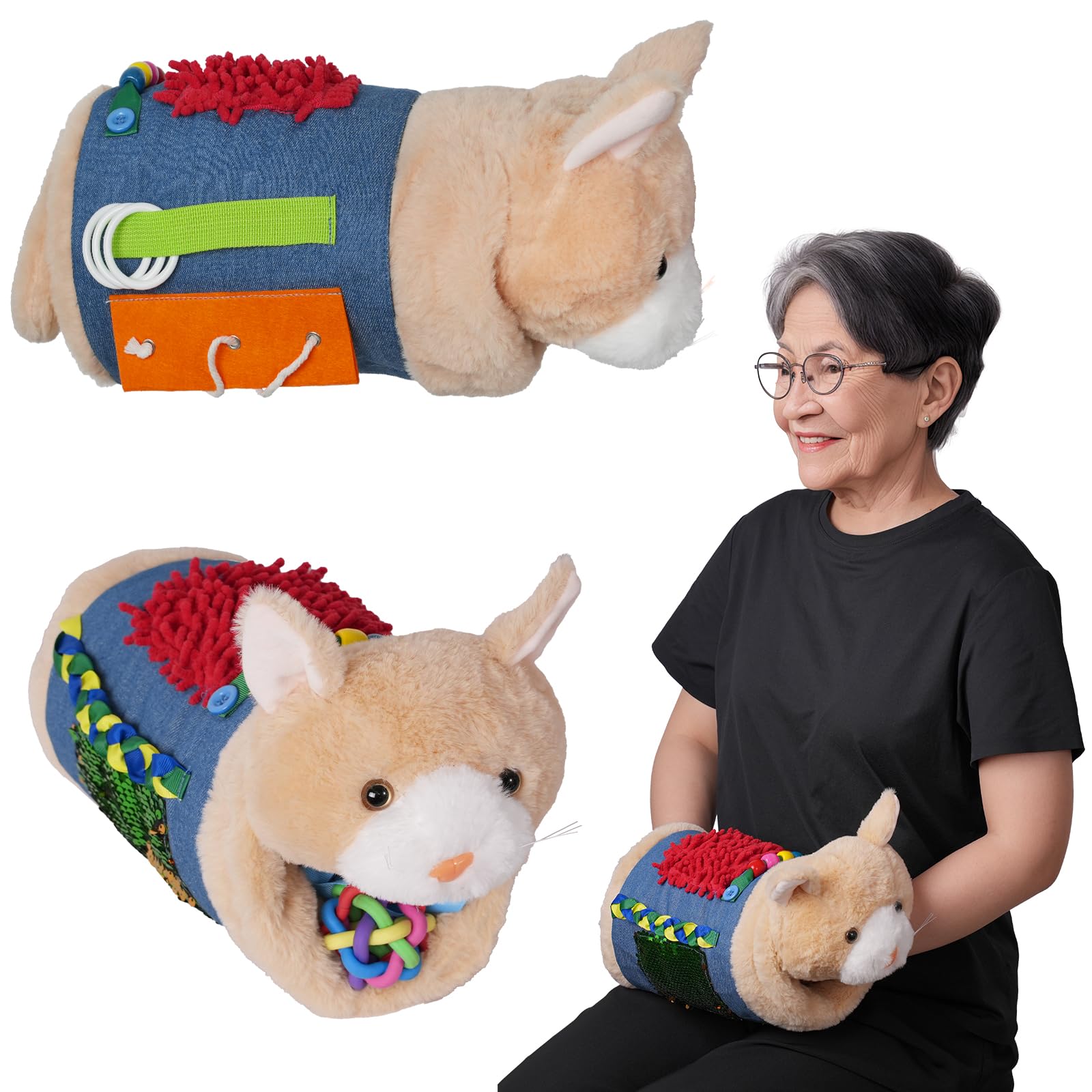 Fidget Blanket for Dementia, Fidget Muff Cat and Blanket for Elderly, Premium Dementia Activities for Seniors, Gifts for Nursing Home