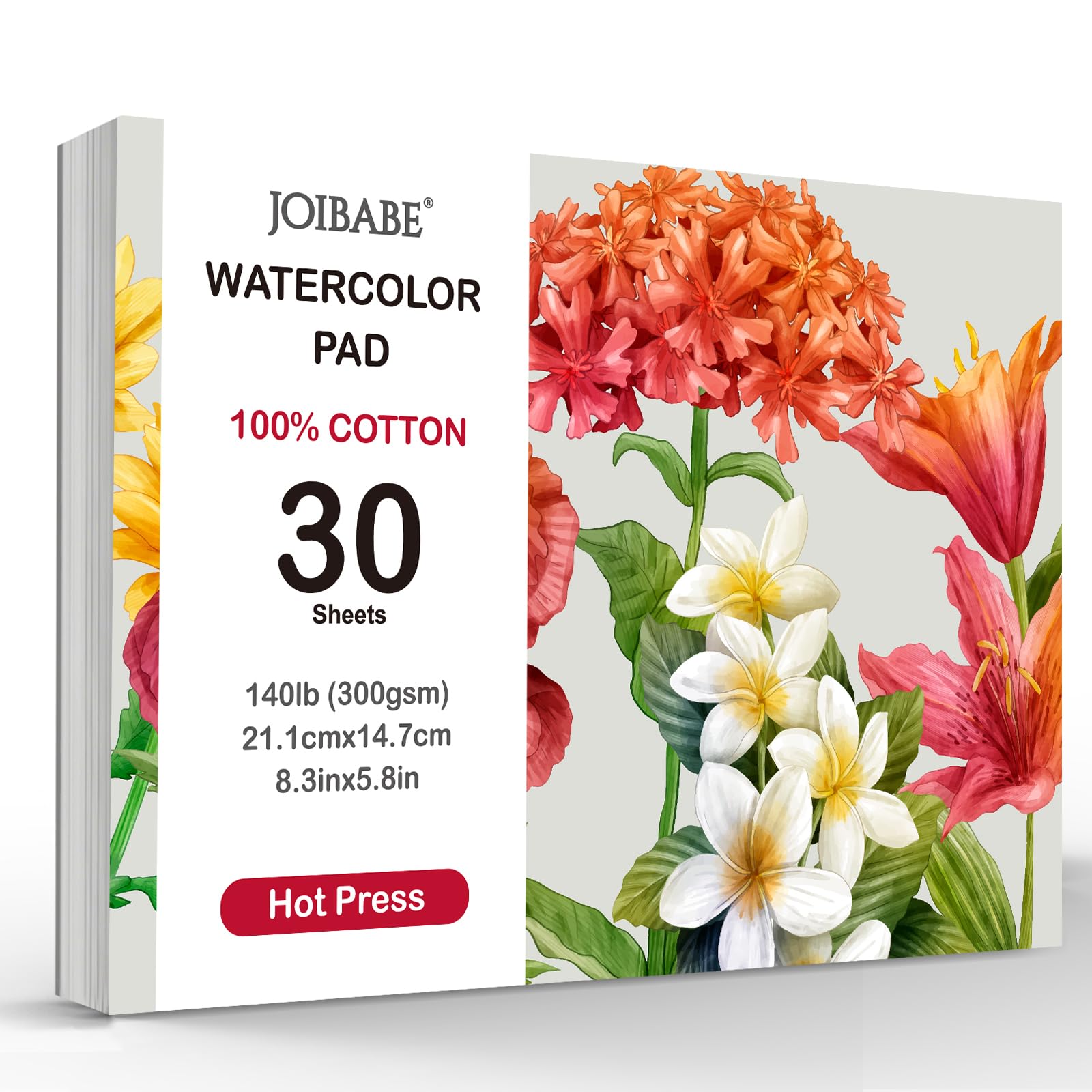 joibebe Watercolour Pad A5,30 Sheets 300GSM Water Colour Paper,100% Cotton,Hot-Pressed,Glue Bound,Drawing Painting Watercolour Sketchbook Supplies for Artists Adults Students for Wet Dry Mixed Media