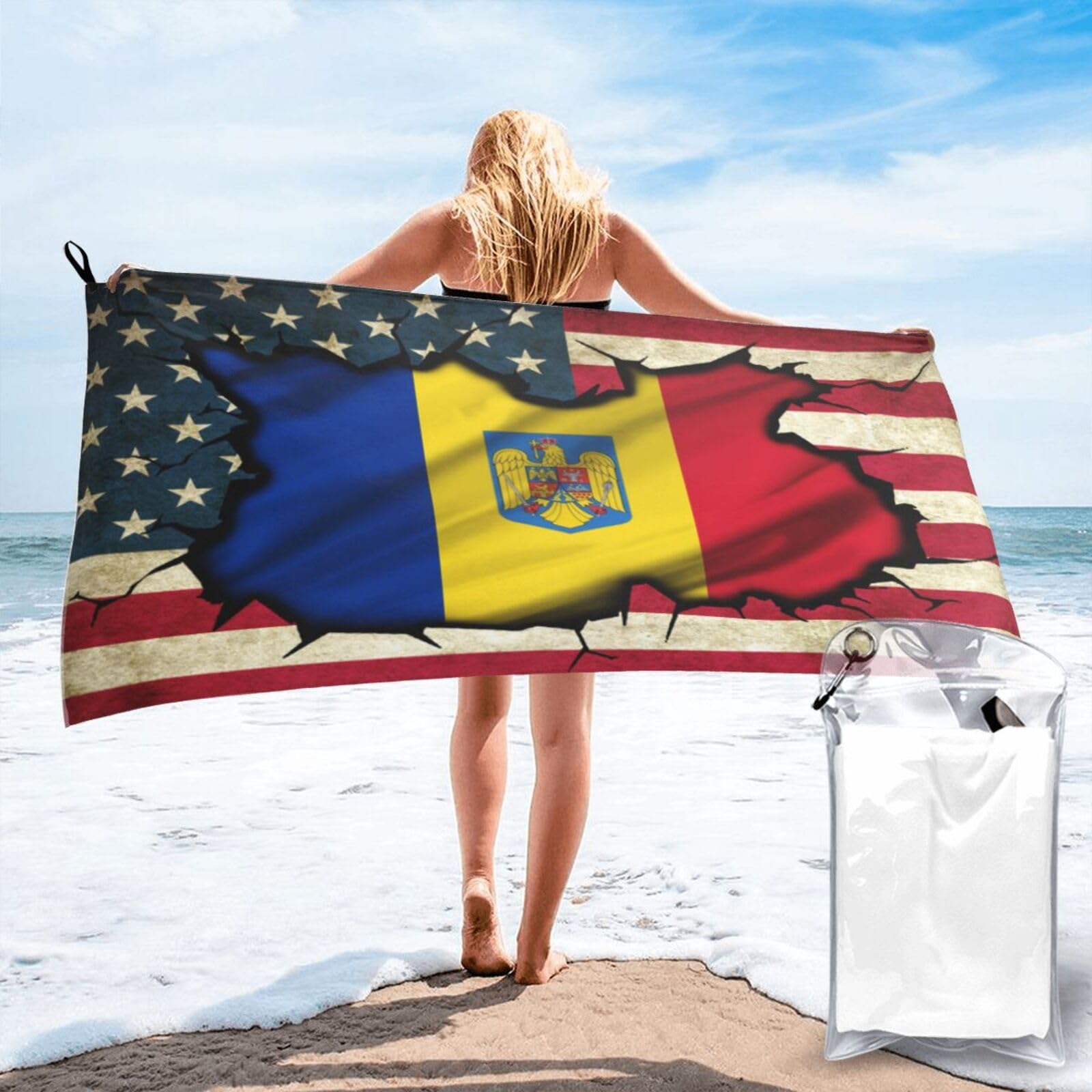 HACXZ Vintage America Flag and Romania Romanian Flag Absorbent Beach Towel Microfiber Beach Towel Lightweight 31.5"X63"