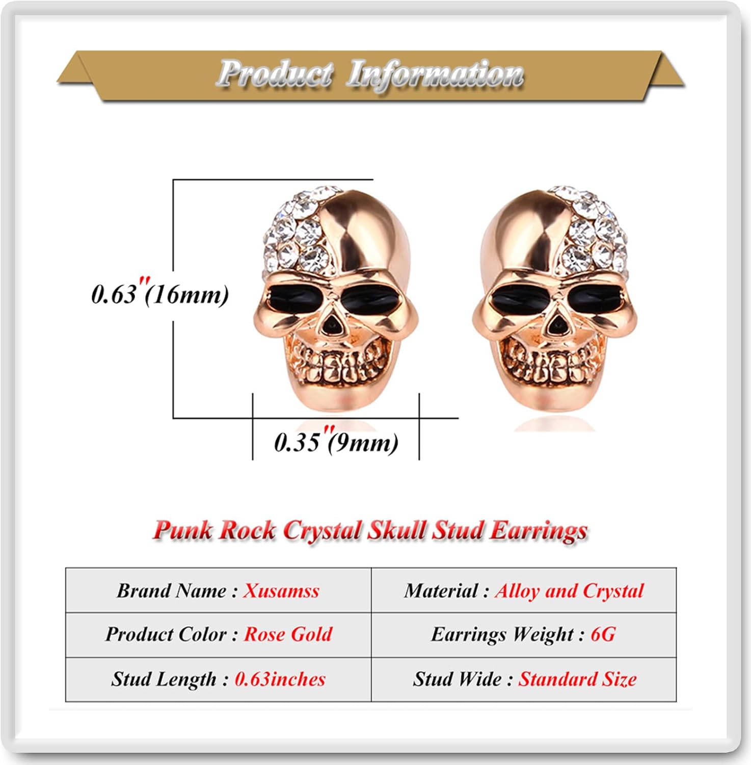 Xusamss Punk Body Piercing Earrings Crystal Skull Stud Earrings