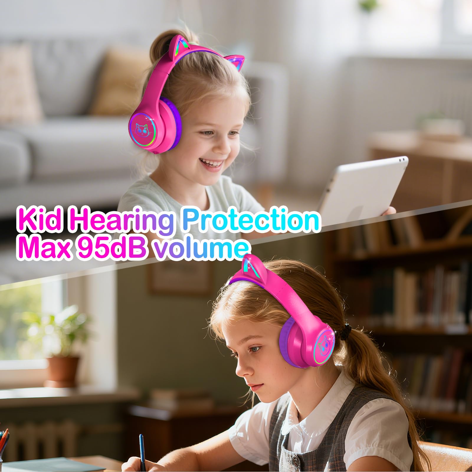Bluetooth Kinder Kopfhörer mit Tasche, Kopfhörer Kabellos und Kabel Bluetooth für Kinder mit LED-Leuchten, Katzenohren ,Faltbar Einstellbar Over Ear Kopfhörer Kinder für Schule, Reisen (Knallpink)