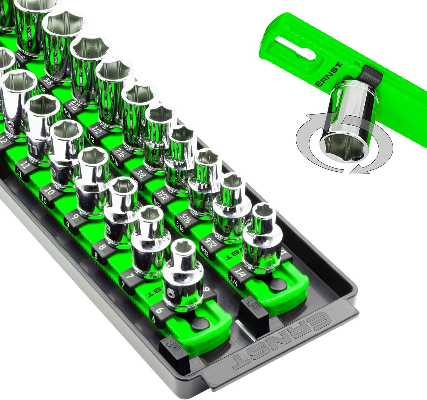Ernst Manufacturing 8485 Socket Boss, Premium 2-Rail Twist Lock Socket Organizer, 3/8 Inch-Drive, 18-Inch, Green - Made in USA 19-INCH 3/8" Green