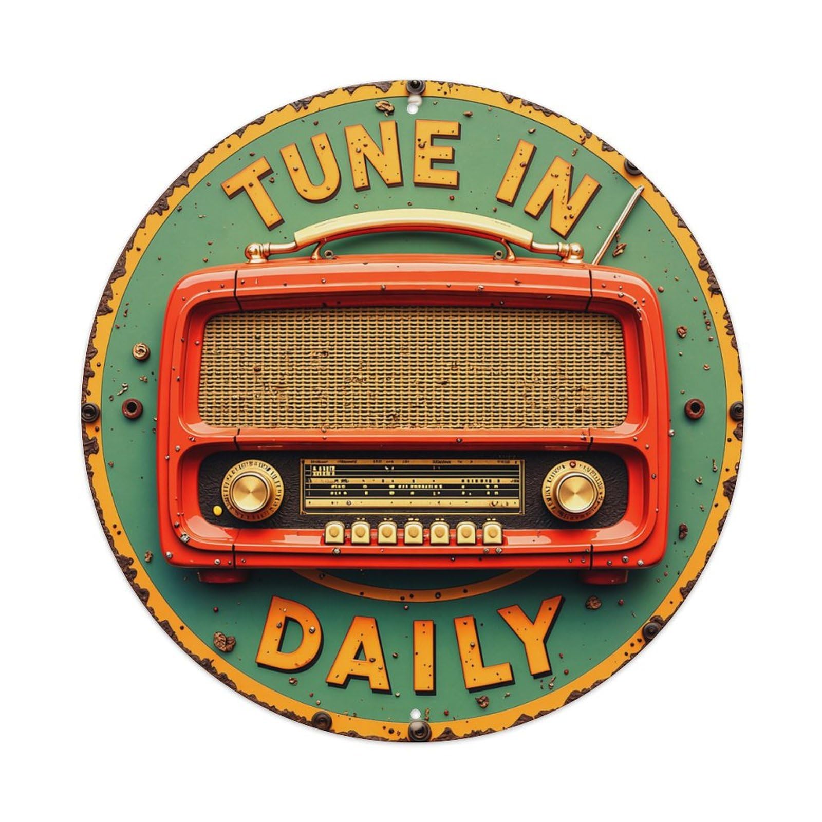 Jdyaojiesheng Vintage Retro Radio Sign Pattern Print Round Tin Sign Retro Metal Wall Decor Metal Poster, Home Bar Garage Farmhouse Cafe Wall Art Decoration 8X8inch