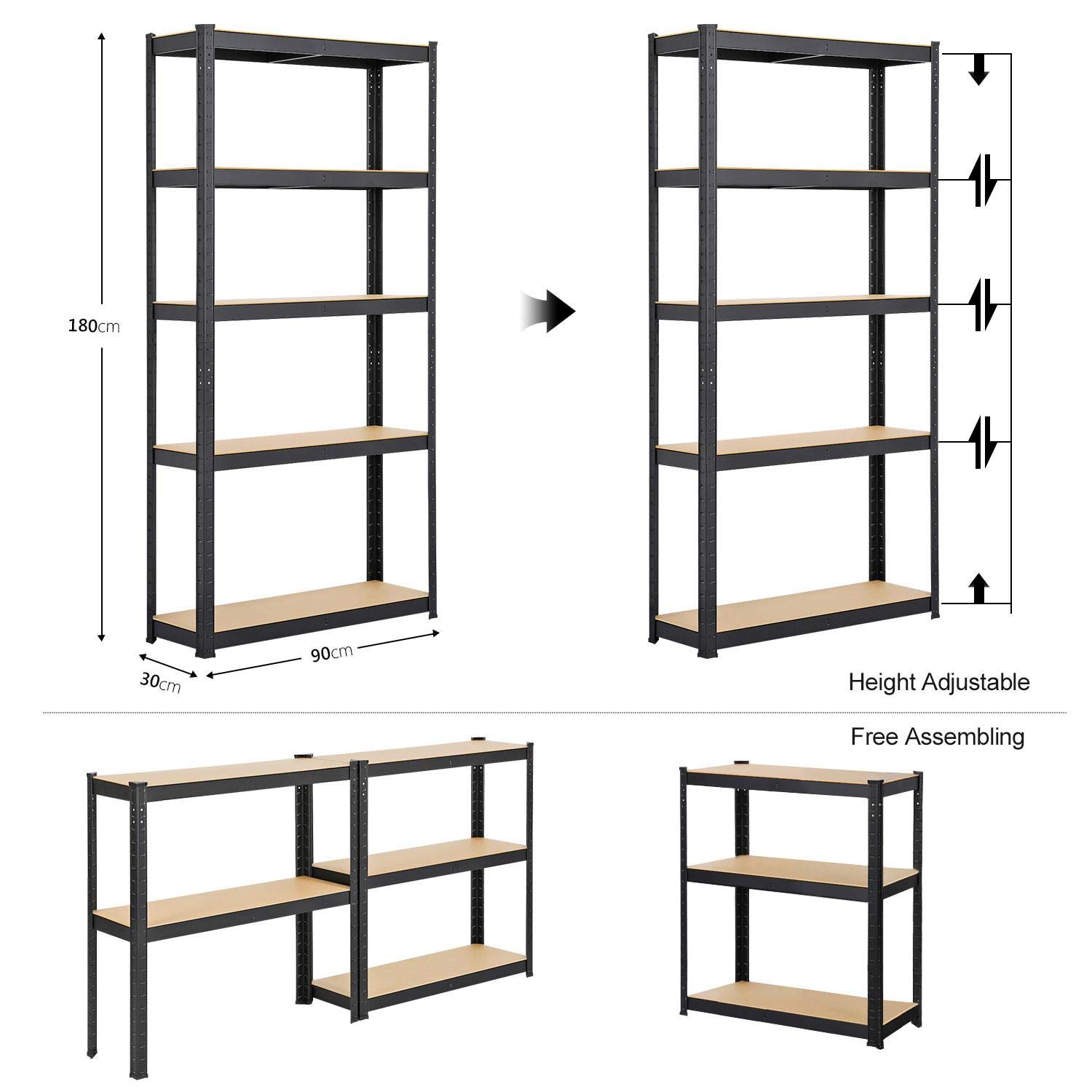 Yaheetech 2 Scaffali/Scaffalatture Metalliche da Garage 180 x 90 x 30 cm a 5 Ripiani in Acciaio Portata 175 kg per Ripiano Mensole da Cucina Magazzino Negozio Salvaspazio Neri