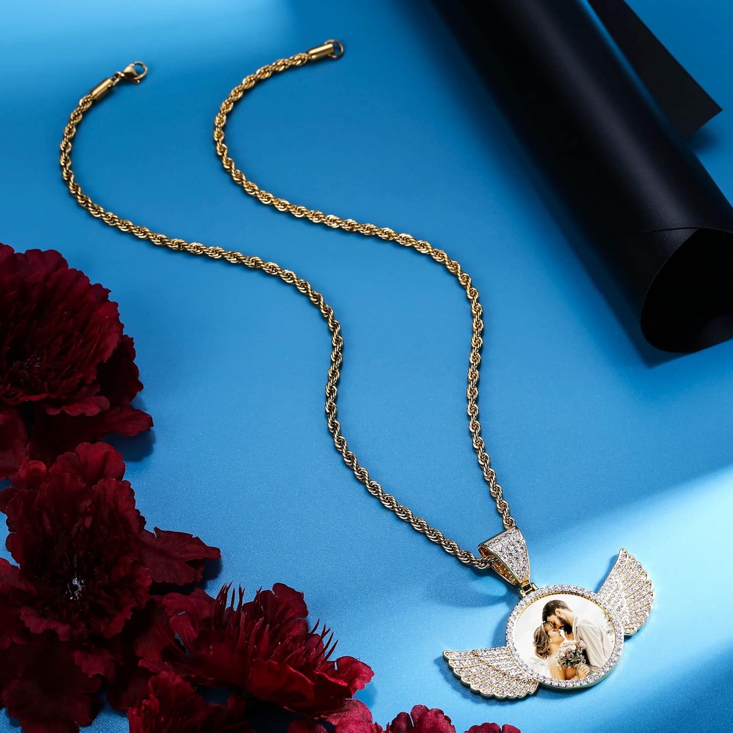 INBLUE Personalized Hip Hop Memory Photo Necklace Pendant Custom Engraved Text for Men Women Copper Iced Out Angel Wing Round & Heart Charm Medal Rope Chain Jewelry Gift