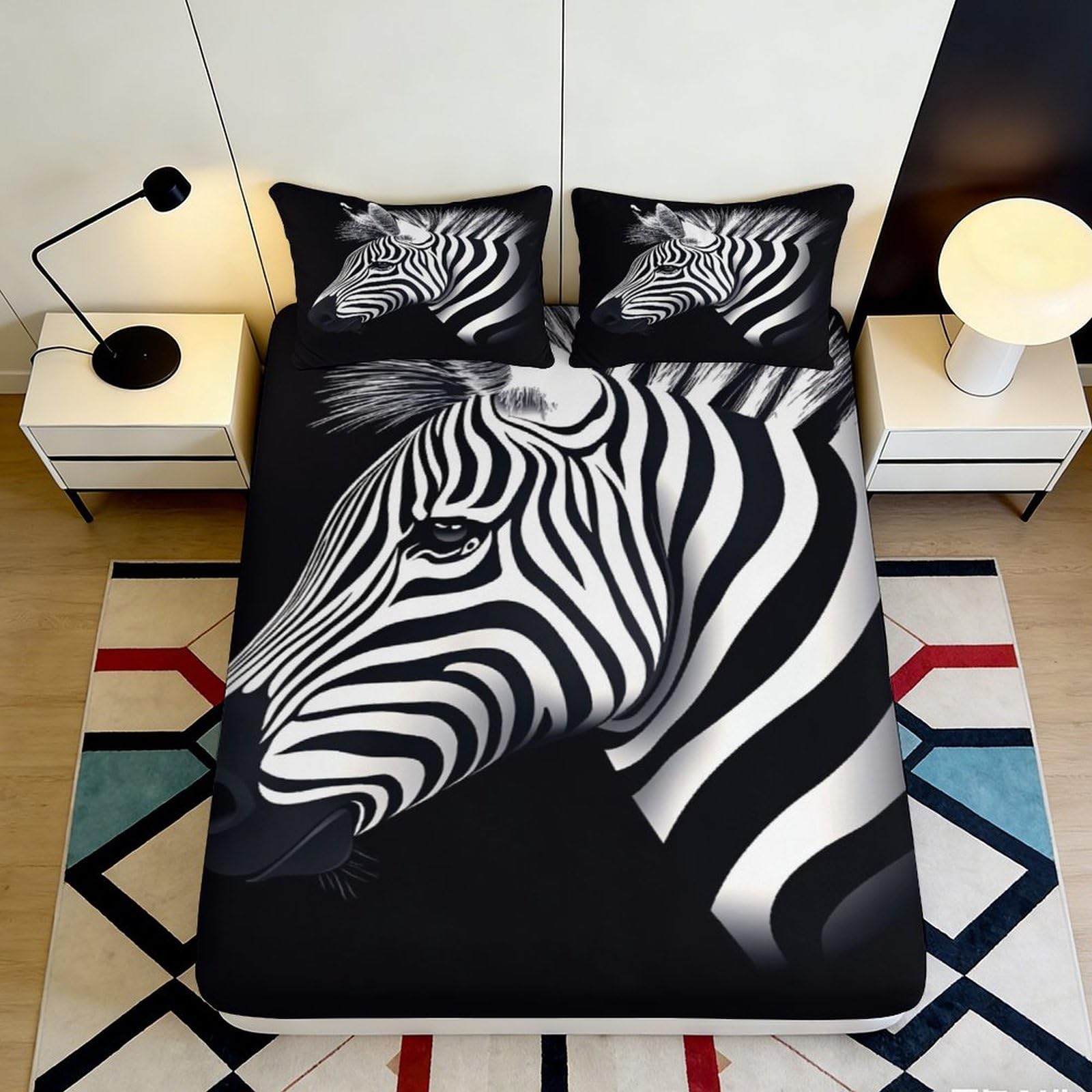 Uynsixtme Style-5 3D Printed Zebra Pattern Microfiber Fitted Sheet Deep Pocket Non-Slip Bedroom Bedding Zebra Mattress Fitted Cover Washable 200X200x25cm