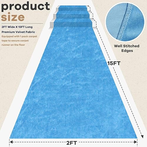 Miniatura 2 de Camino de pasillo para bodas, pasillo de terciopelo azul claro con cinta de alfombra, 2 x 15 pies, camino de boda, pasillo interior y exterior,