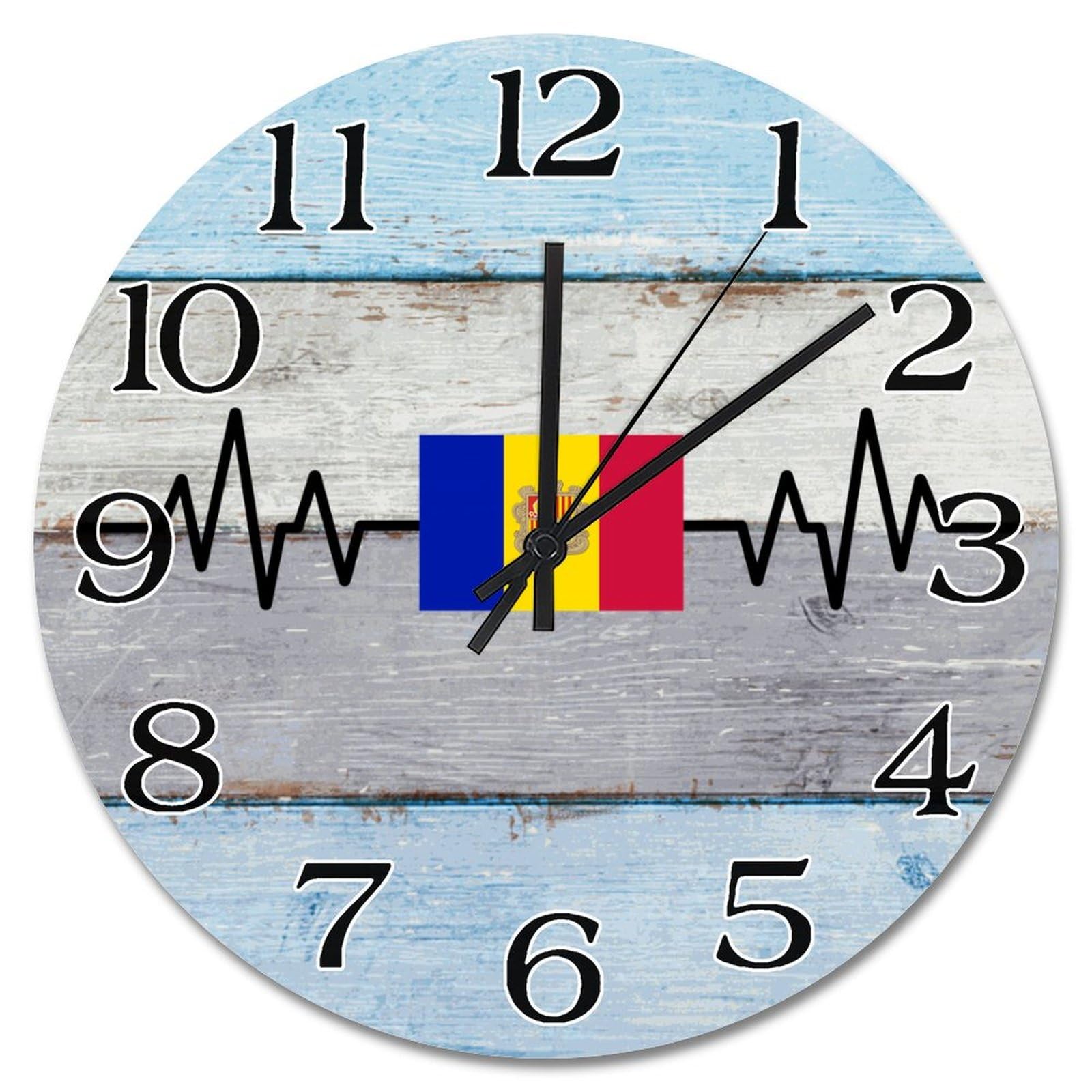 Horloge murale en bois drapeau Andorre 38 cm pour salon et bureau