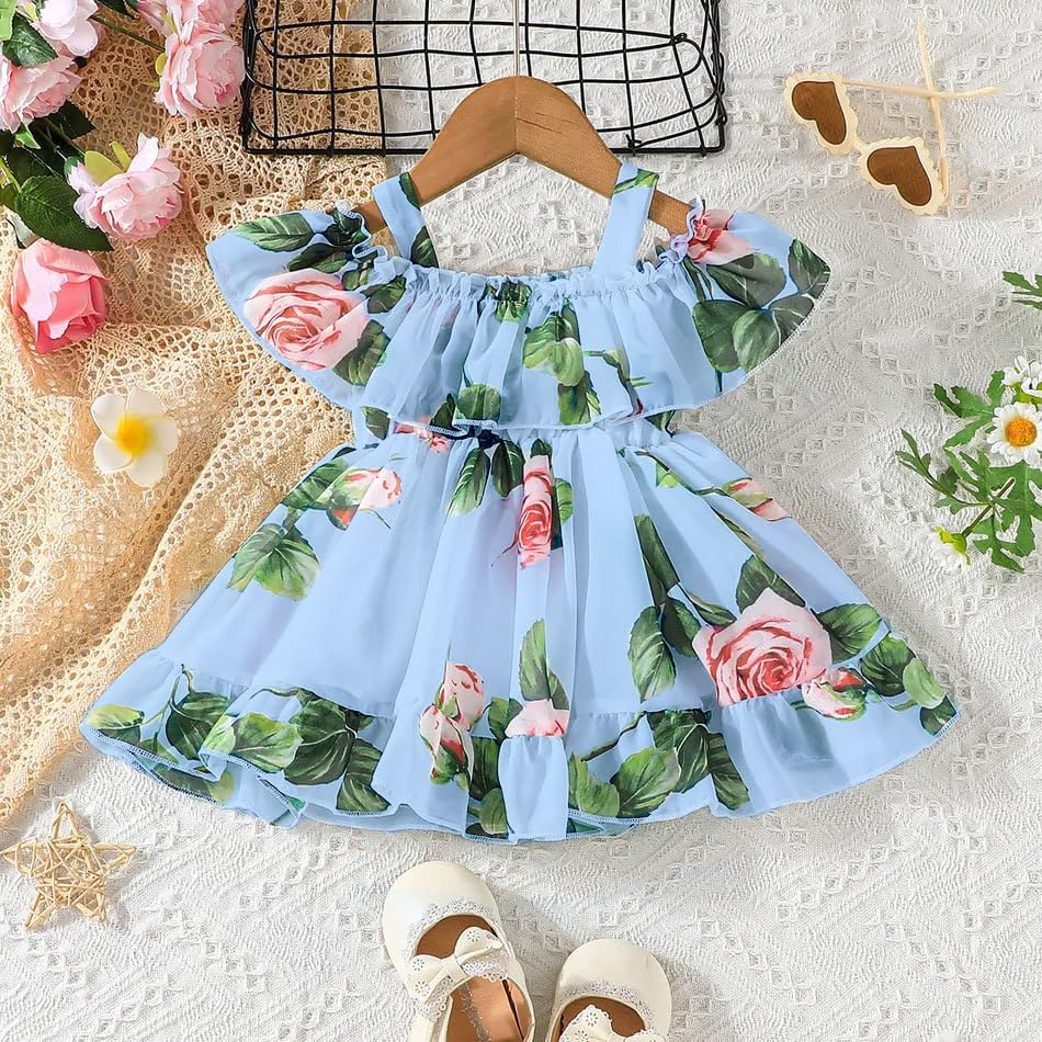 Image of Buy & Try Girls Summer Lightweight Georgette Floral Printed Frock Dress, Sleeveless Princess for Baby Girls, Stylish Fancy Kids Party & Casual Outfit