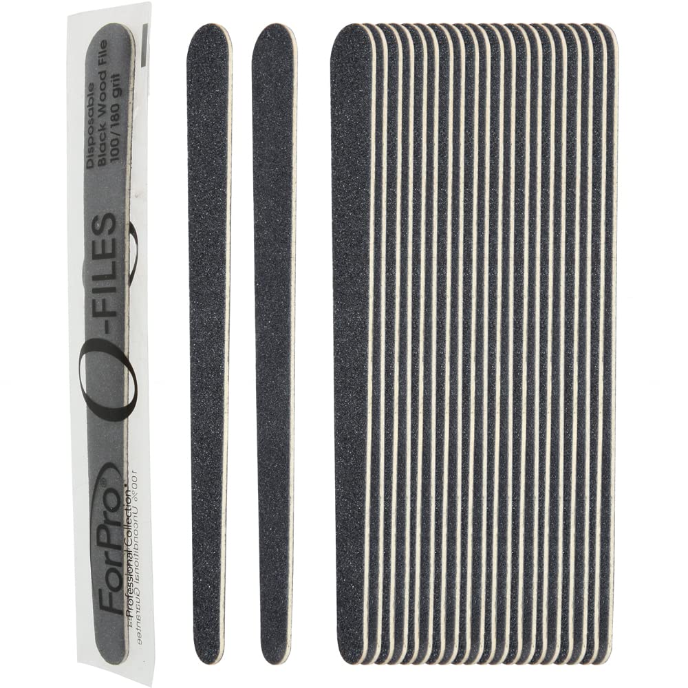 ForPro Professional Collection O-Files Wood Boards, Black, 100/180 Grit, Manicure & Pedicure Nail Files, 6” L x .75“ W, 100-Count