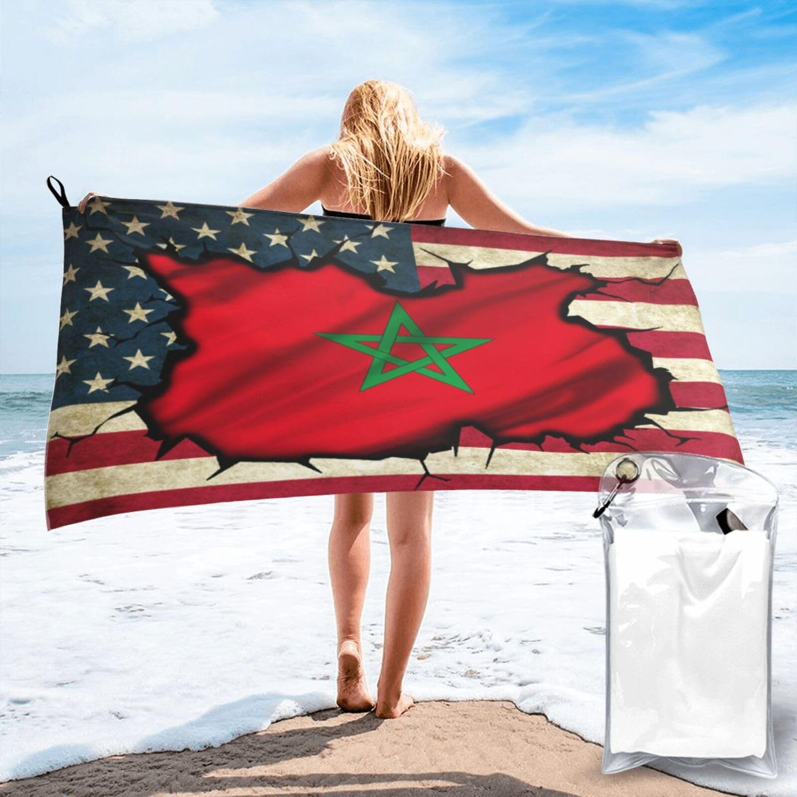 HACXZ Vintage America Flag and Morocco Flag Absorbent Beach Towel Microfiber Beach Towel Lightweight 31.5"X63"
