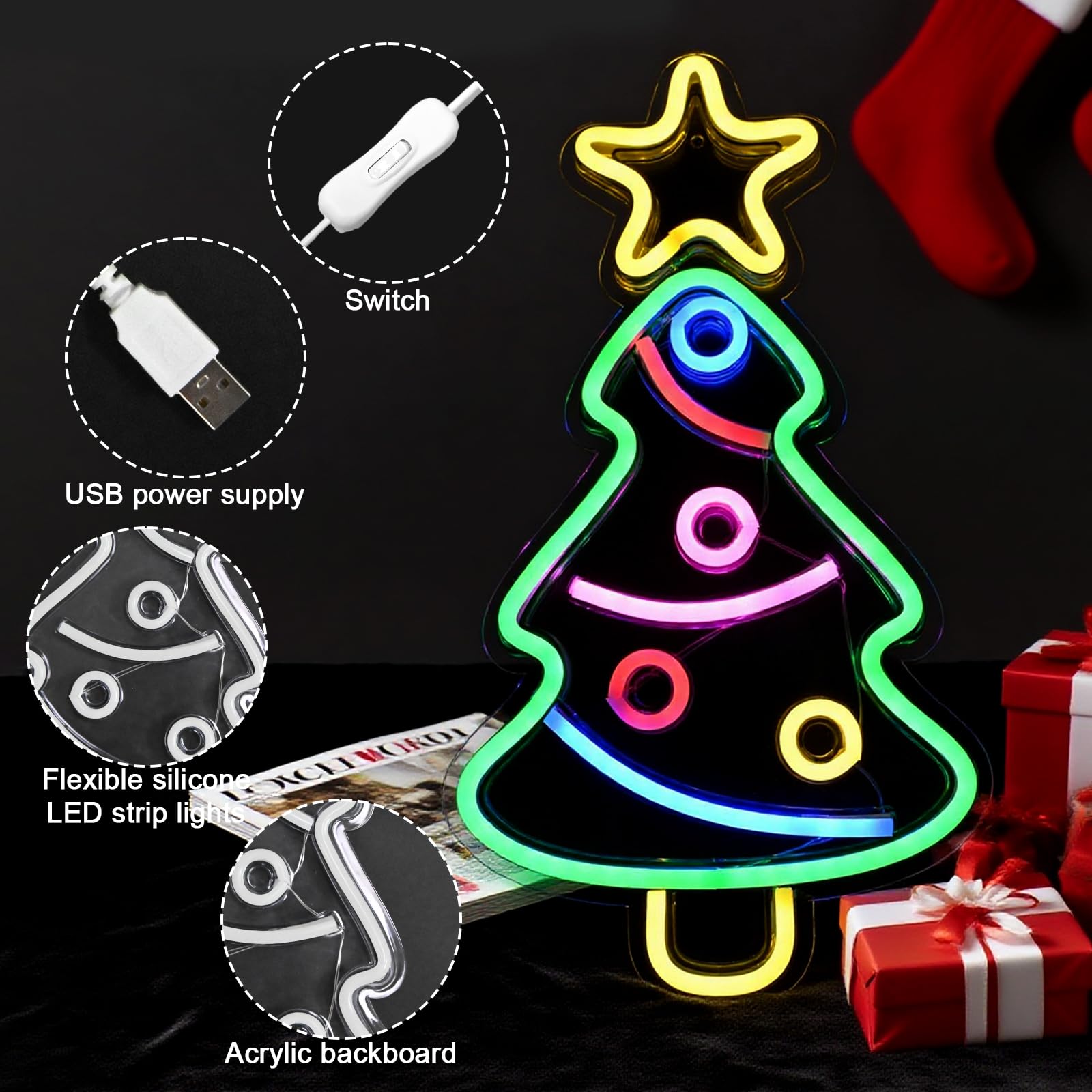 SEDEX Letrero de neón de Feliz Navidad, letrero LED de árbol de Navidad con alimentación USB para decoración de pared, fiesta de Navidad, bar, hogar, festival, decoración familiar para niños