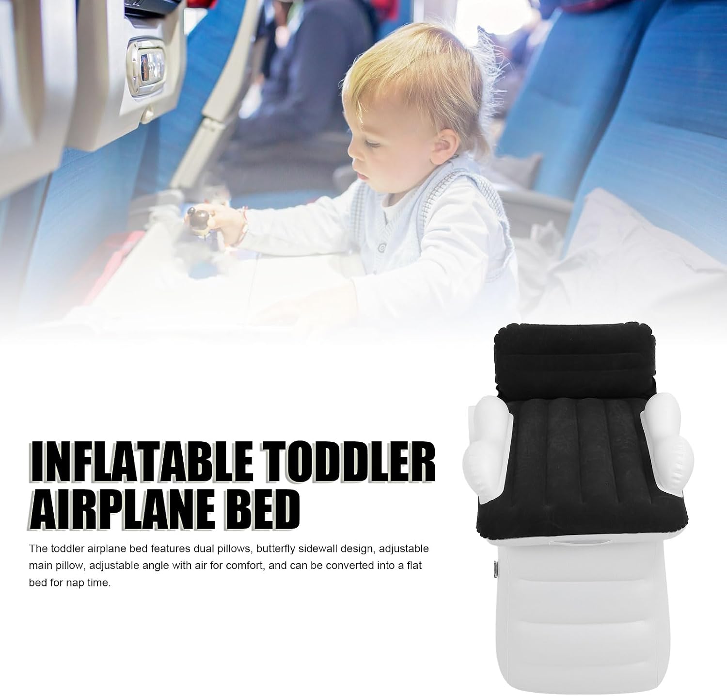 TOPINCN Inflatable Toddler Travel Bed with Air Pump, Portable Kids Air Mattress with 2-Sided Safety Rails & Handles, Foldable Toddler Bed for Camping Travel Sleepovers