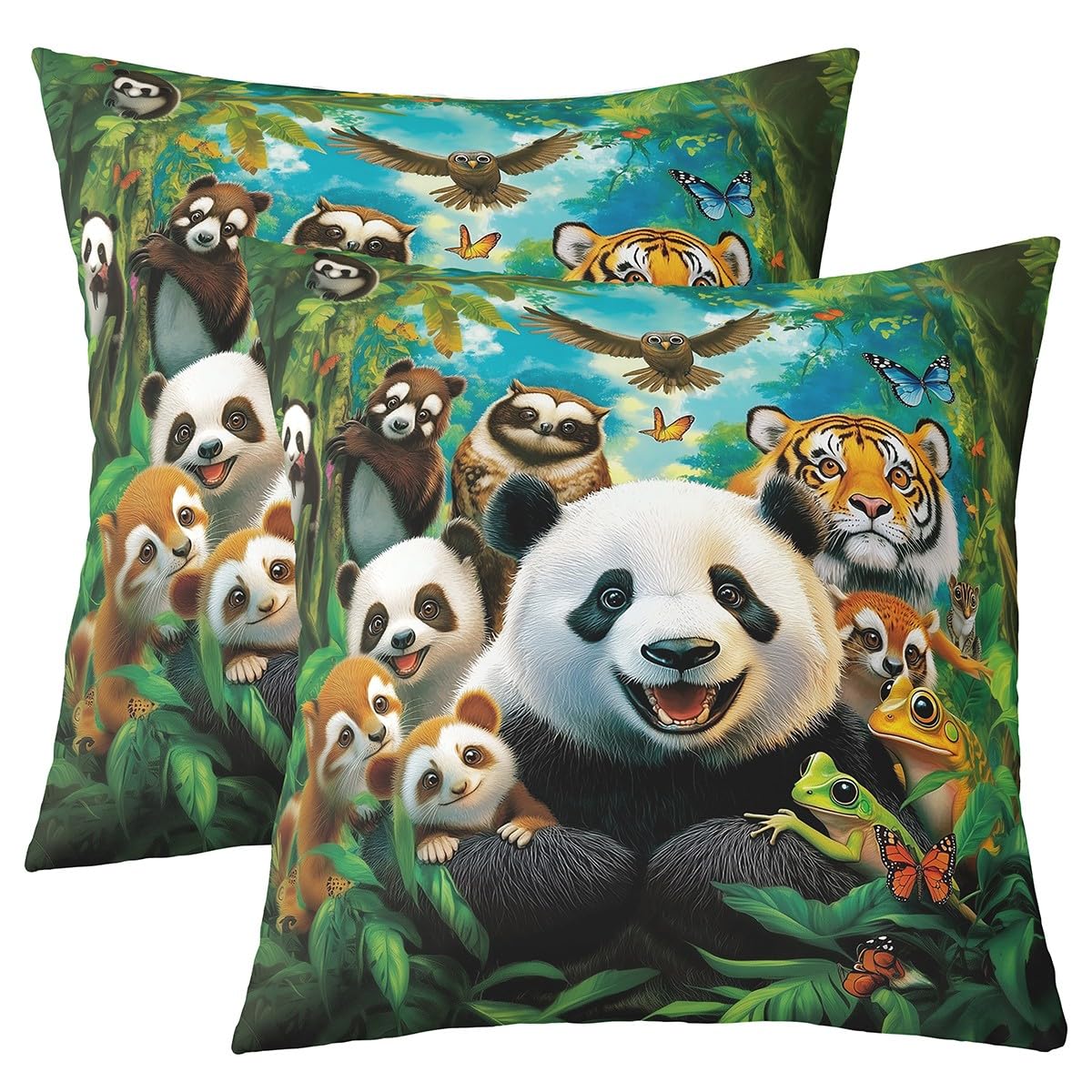 Homemissing Cute Animals Reversible Throw Pillow Covers 45x45cm Panada Pillow Covers Home Decor Wild Animals Square Cushion Covers Set of 2 Green Throw Pillowcases for Sofa Couch Chair — image 1