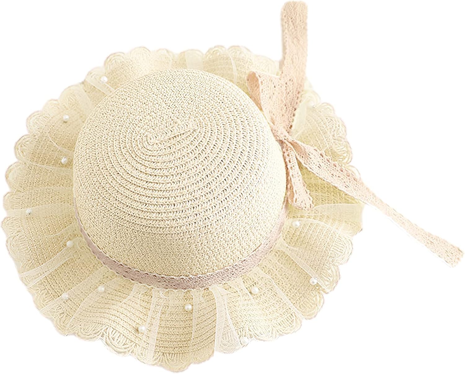 Girls Straw Hat Purse Bag Set Lace Brim Flowers Pearl Summer Beach Sun Hat Princess Shoulder Crossbody Bag Chin Strap - Image 5