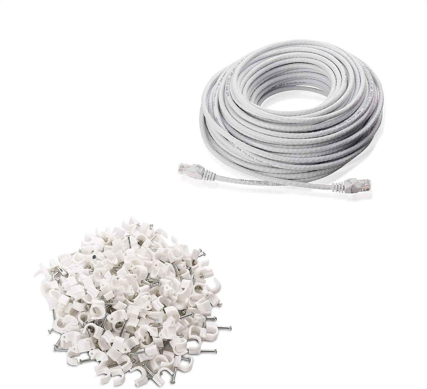 Cable Matters 1-Pack Snagless Long Cat6 Ethernet Cable (Cat6 Cable, Cat 6 Cable) in White 100 ft & 200-Pack Nail-in Cable Clips Cord Organizer
