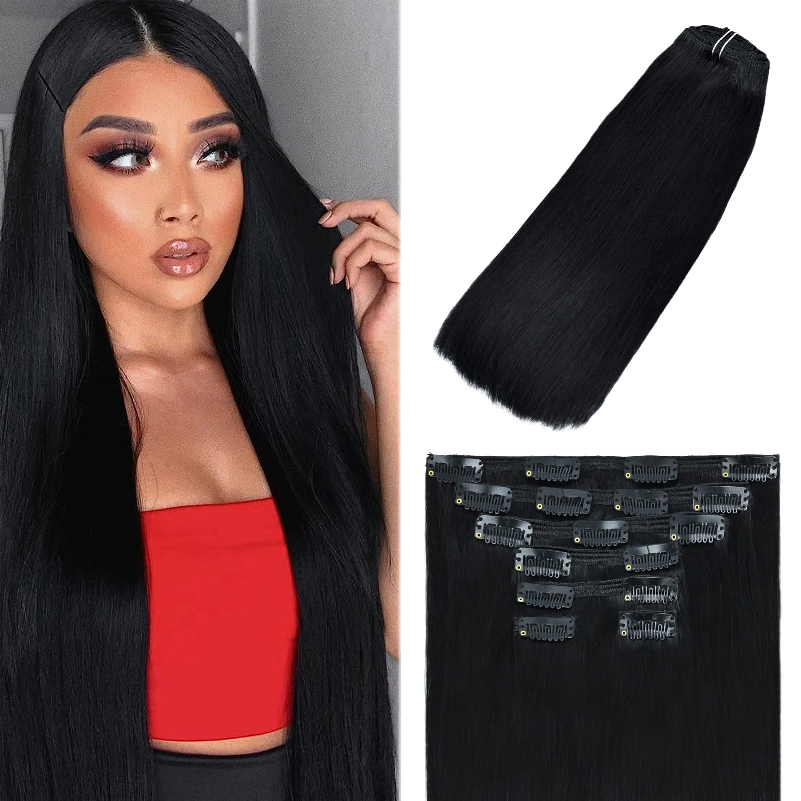 WindTouch Clip In Hair Extensions Jet Black 120g For Black Women Natrual Real Human Remy Hair Extensions Basic Color Full Head (#1 18Inch 7PCS)