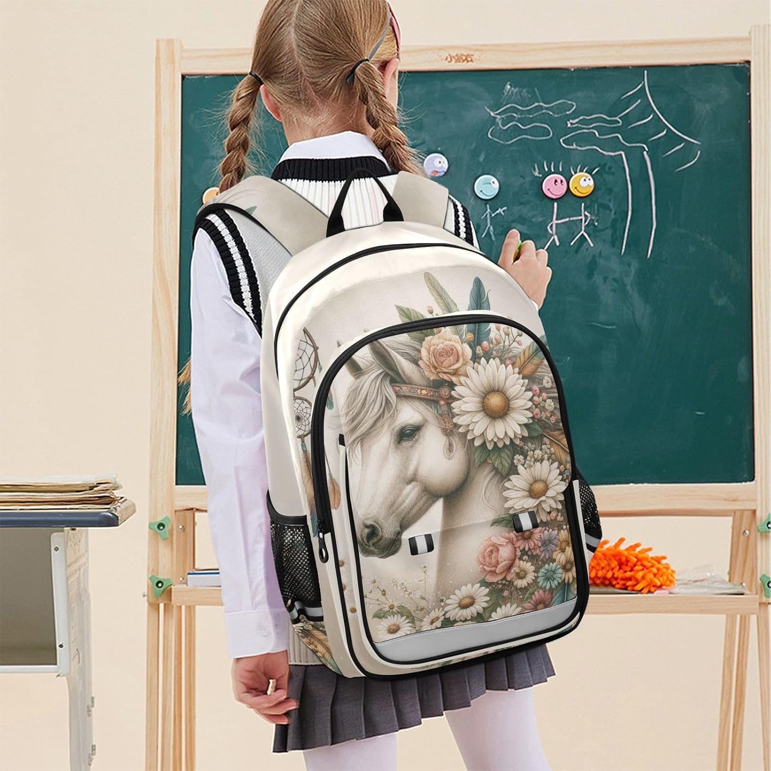 senya Horse Backpack for Boys Girls, Horse Flowers Feathers Backpack Students Bookbag Daypack for School Primary Teens, A01E23034 - Image 7