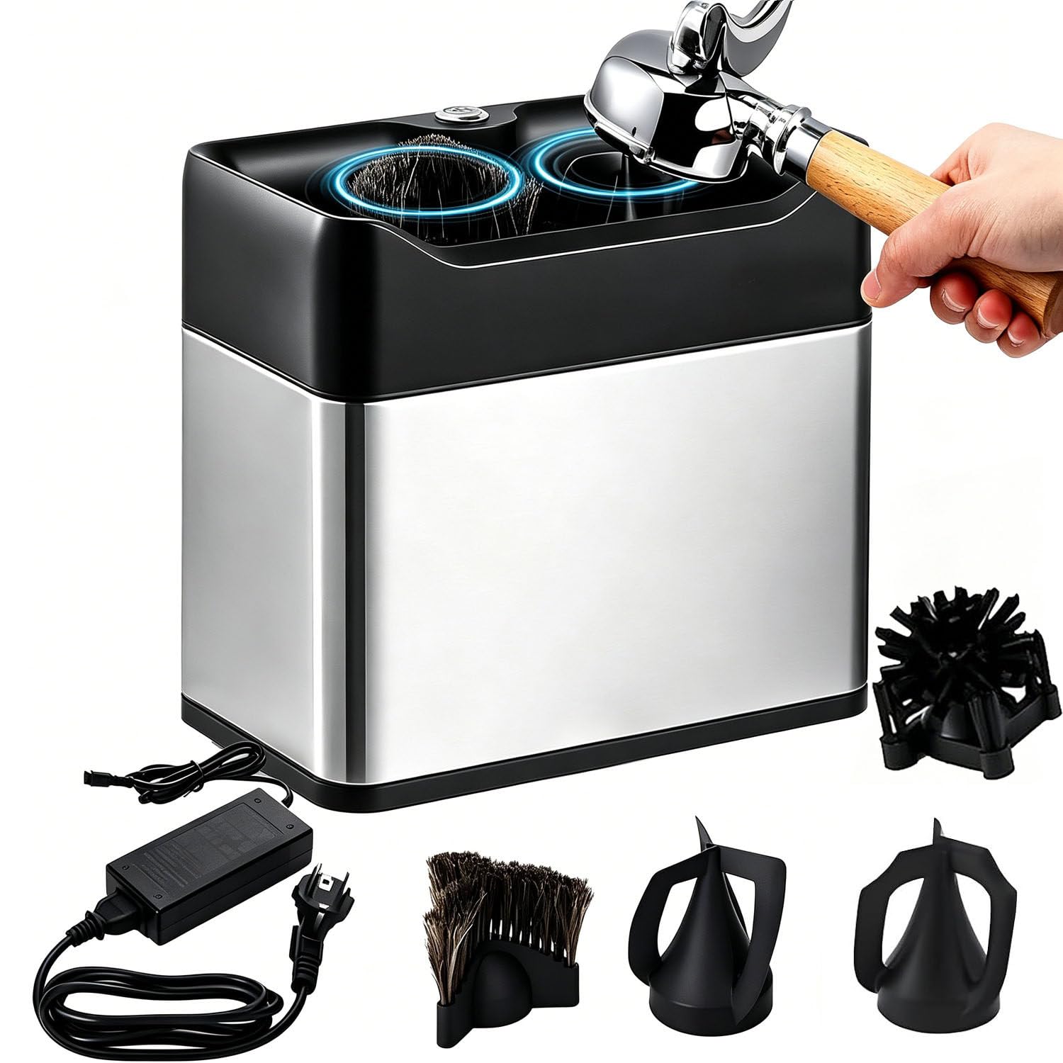 Electric Portafilter Cleaner with 2 Scrapers for 58mm Portafilters Silver