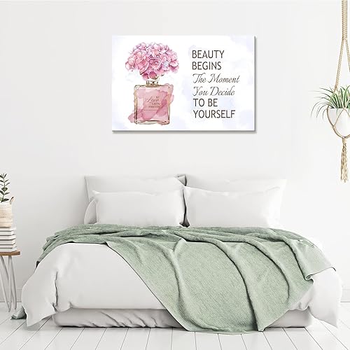 Miniatura 4 de arteWOODS Lienzo de perfume de moda para pared, botella dorada, flores rosas, lienzo con palabras inspiradoras, impresiones en lienzo motivacionales