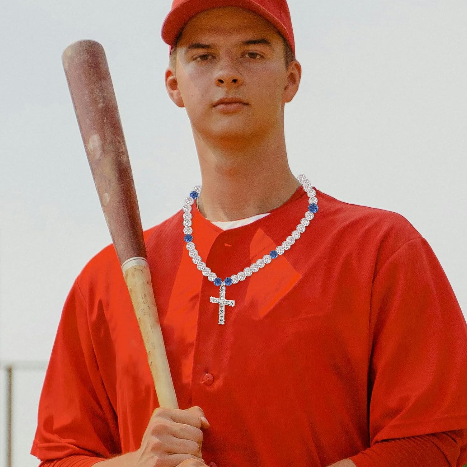 Baseball Rhinestone Necklace, 16in Cross Pendant, White Blue, Unisex Adult, Baseball Fans, Stainless Steel Chain, Casual, Rhinestone Beads - Image 5