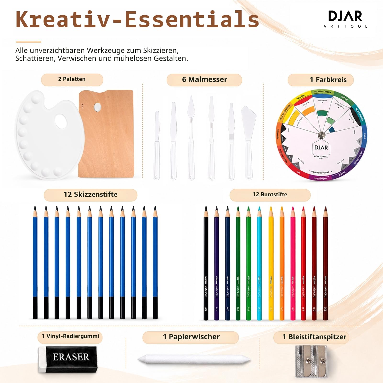 DJAR Professionelles All-in-One-Kunstmalerei-Set mit FSC-zertifizierter Staffelei aus Buchenholz, 96 Acryl-, Aquarell- und Ölfarben-Set, komplettes Malset für Erwachsene, Künstler, Anfänger, 174