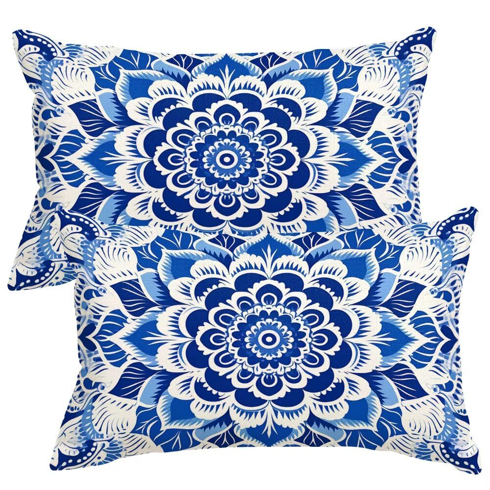 Cushion Covers 35cm x 55cm Blue Cushion Cover 14 x 22 Inches Pack of 2 Throw Pillow Covers Mandala Sofa Cushions Polyester Linen Decorative Pillowcases for Couch Living Room Bedroom Home Decor -SC461