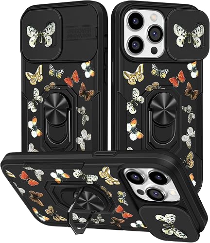 Miss Adola Funda para iPhone 15 Pro Max con cubierta de cámara deslizante y soporte para mujer, elegante diseño de mariposa para niñas, protector de