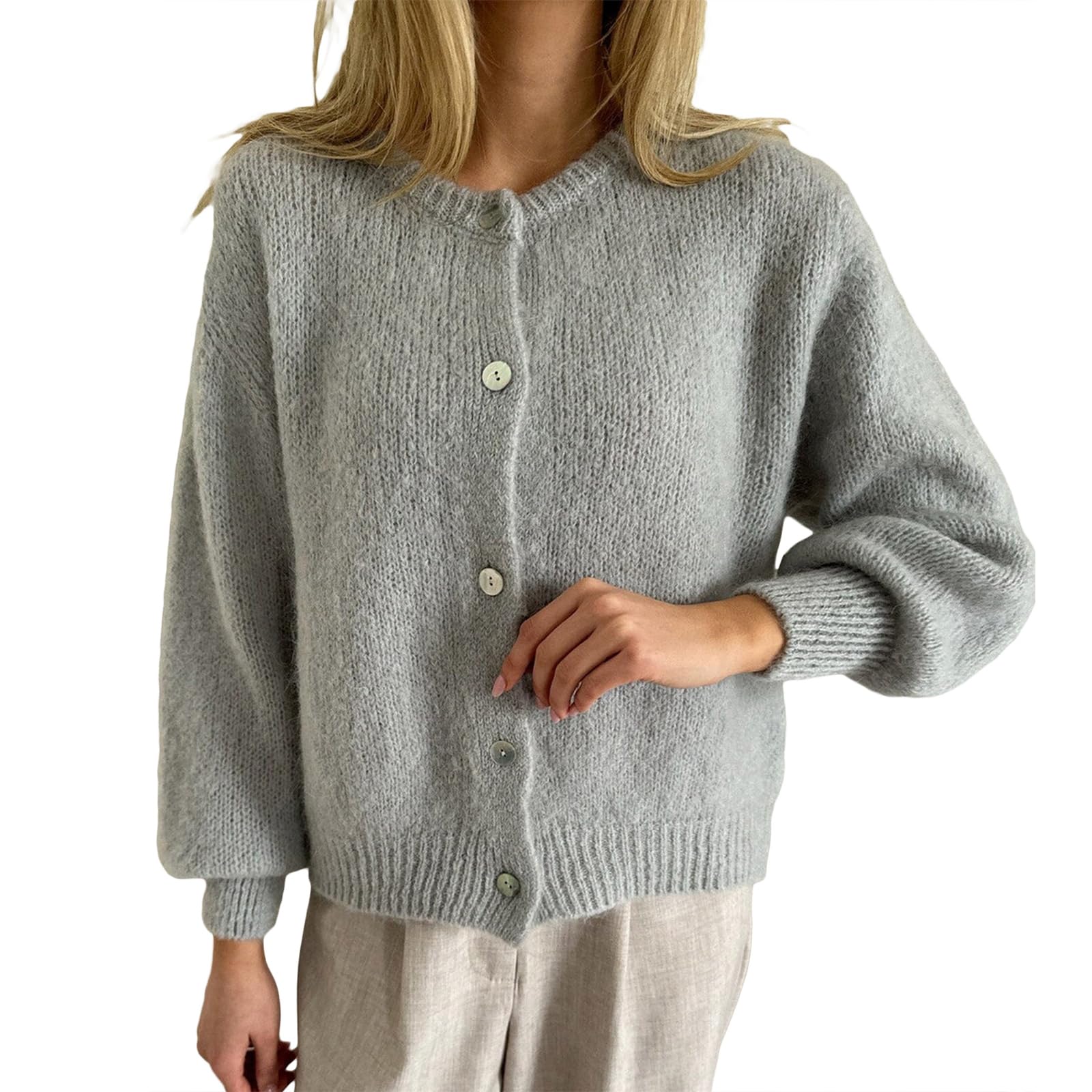 UAURORAO Women Crewneck Sweater Cardigan Lightweight Button Down Fuzzy Knit Outwear Coats Cute Fluffy Sweater Jacket