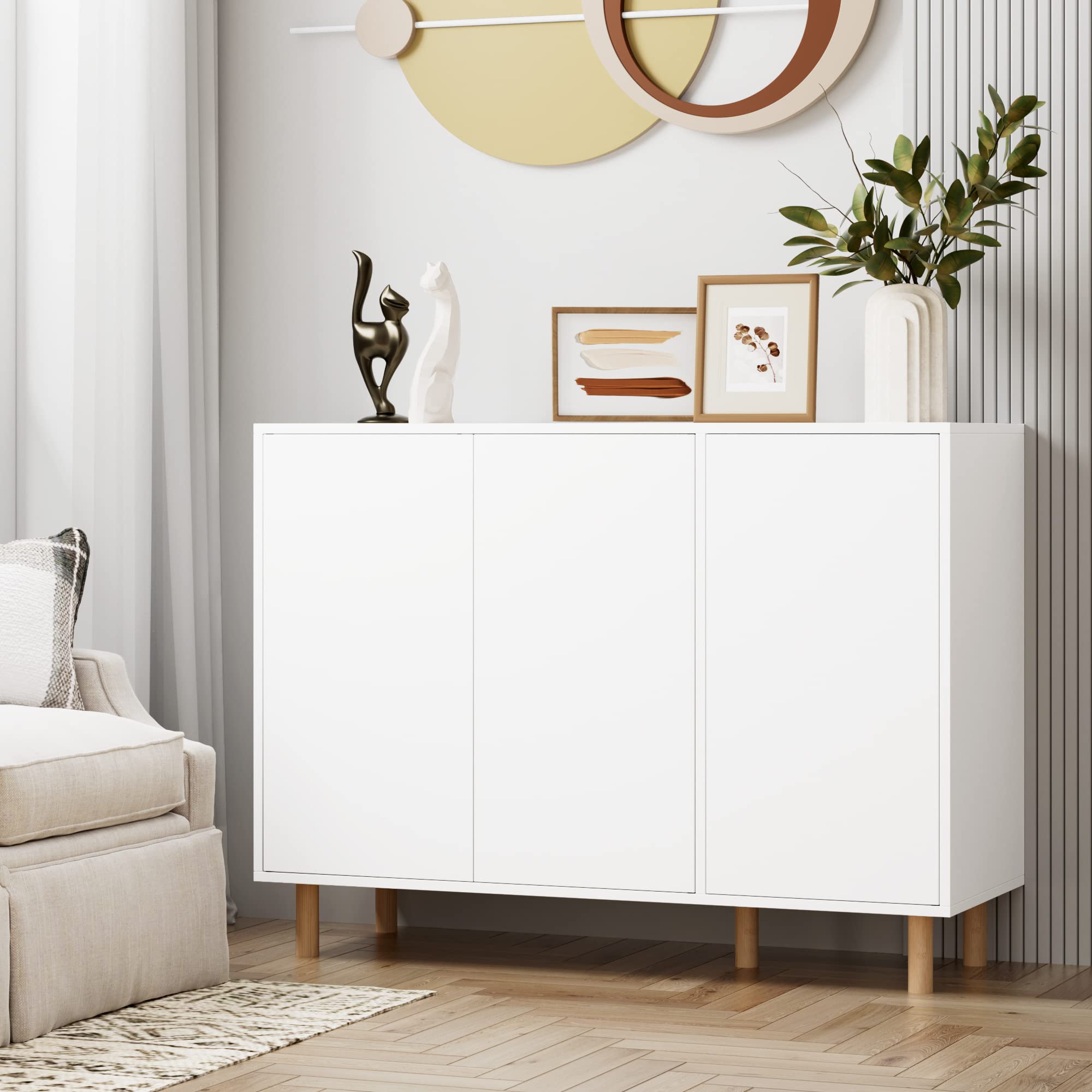 White Sideboard Storage Cabinet Sideboard for Living Room Kitchen Cupboard with 3 Doors, Adjustable Shelves Buffet 107x40x80cm
