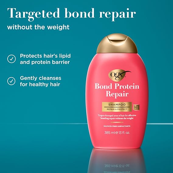 شامبو OGX Repair & Protect Bond Protein Repair، غسول شعر خفيف الوزن ينظف ويستهدف الشعر التالف لإصلاح فعال لـ Bond، مركب بدون بارابين، 13 أونصة سائلة