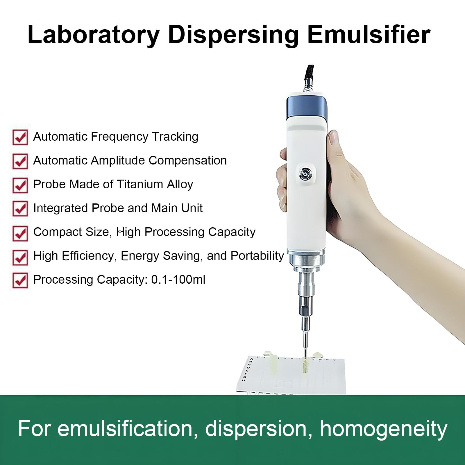 Mezclador homogeneizador de mano, emulsionante dispersante de laboratorio, rango de procesamiento de 0,1 a 100 ml, compensación automática de amplitud para cosméticos y recubrimientos