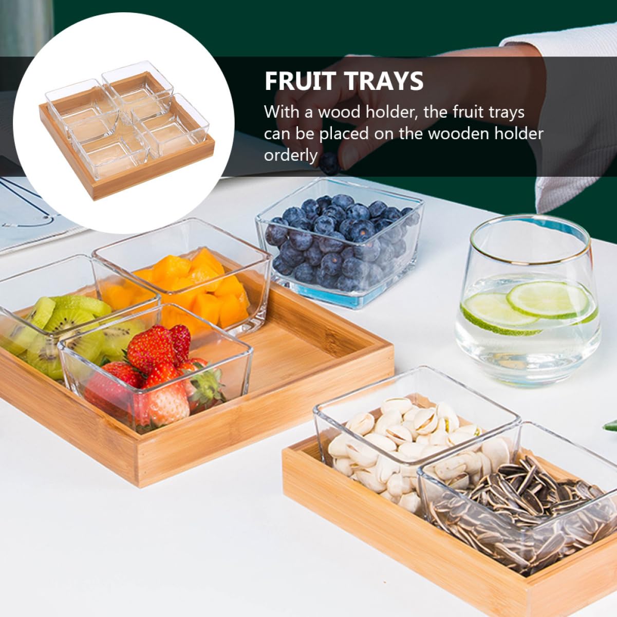 Hemobllo Plateaux En Verre Divisés 4 Compartiments 28 Cm Support Bois Naturel Service Fruits Secs Noix Apéritif Maison Restaurant Fête