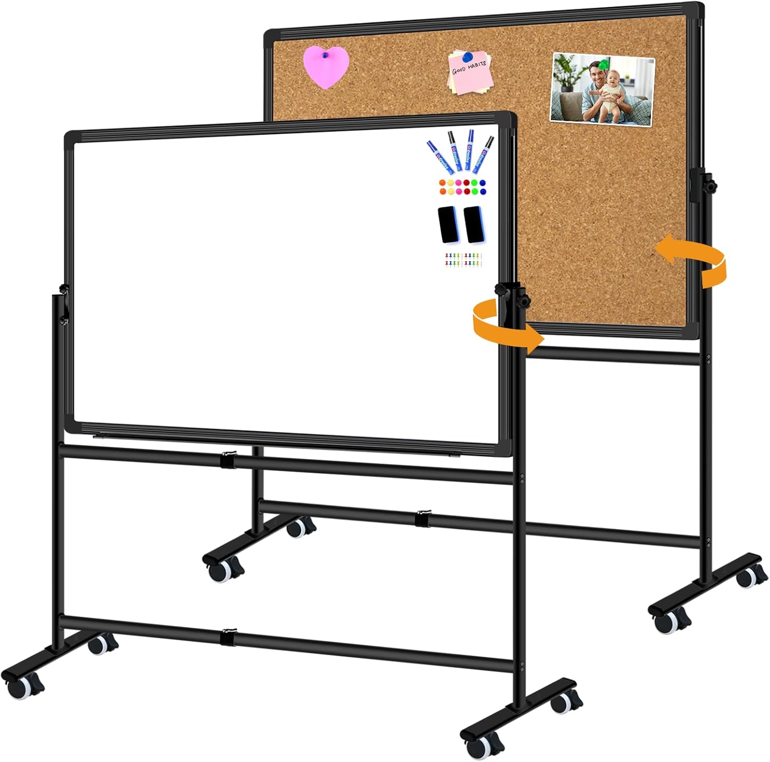 Max-officoo 36"x24" Double-Sided Mobile Whiteboard and Cork Boards with Stand Adjustable Height and Angle Rolling Magnetic Dry Erase Board