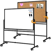 Max-officoo 36"x24" Double-Sided Mobile Whiteboard and Cork Boards with Stand Adjustable Height and Angle Rolling Magnetic Dry Erase Board
