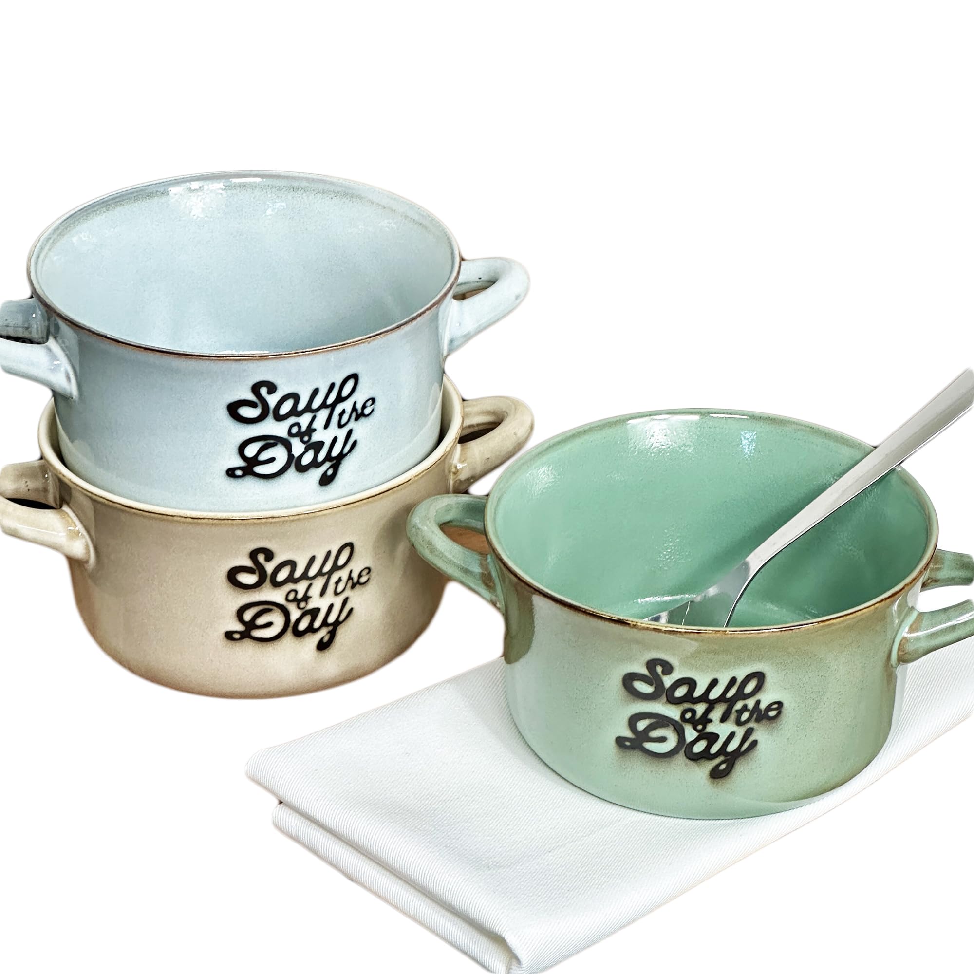 Darthome Reactive Glaze Soup Bowls with Handles 600ml Soup of The Day Stoneware Tableware