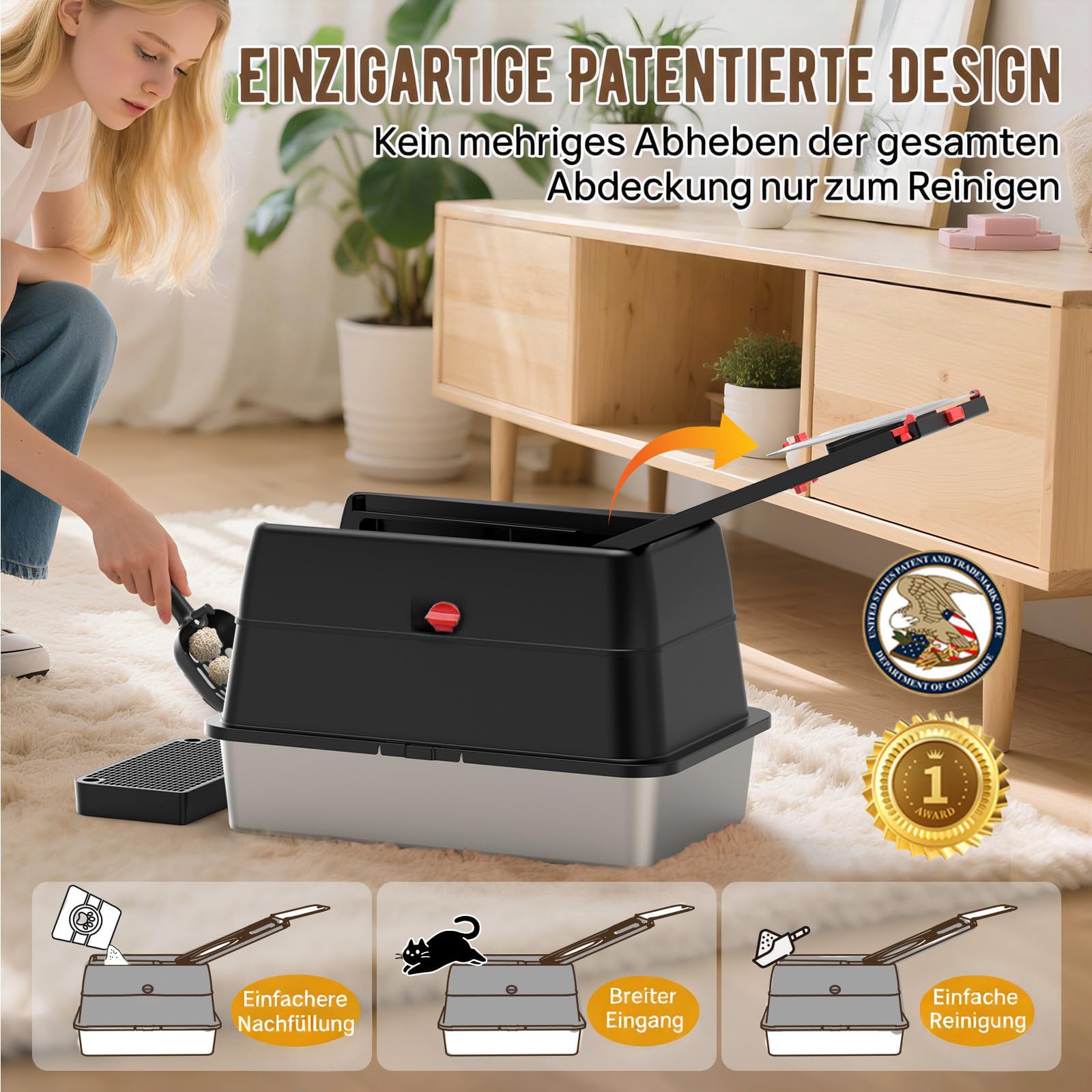 Edelstahl Katzenklo XXL aus V2A – 62 cm Geschlossene Katzentoilette mit 160° Klappdeckel, 3-in-1 Design für Stehpinkler & große Katzen, hoher Rand auslaufsicher, inkl. Schaufel und Trittstufe