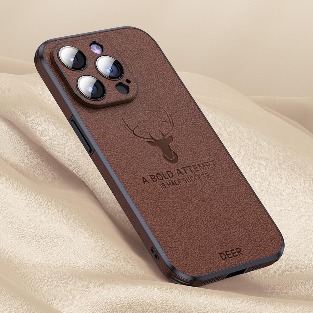 Luxury Artificial Leather Texture Deer Pattern Shockproof Slim Fit Matte Silicon Bumper Case with wireless charging support for Iphone (Brown, Iphone 15)