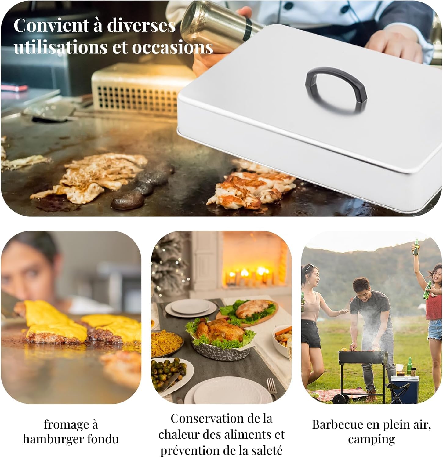 Couvercle de Cuisson pour Hamburger, Cloche Plancha En Acier Inoxydable, Cloche de Cuisson pour Plancha, Dôme de Fonte de Fromage Polyvalent, pour Steaks, Sandwichs Teppanyaki, 43.5 X 28.3 X 6.6 Cm