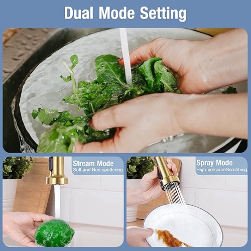 Miniatura 2 de DJS - Grifos de cocina con rociador extraíble, acabado negro mate y dorado cepillado, arco alto, una manija, para 1 o 3 orificios, grifo de resorte