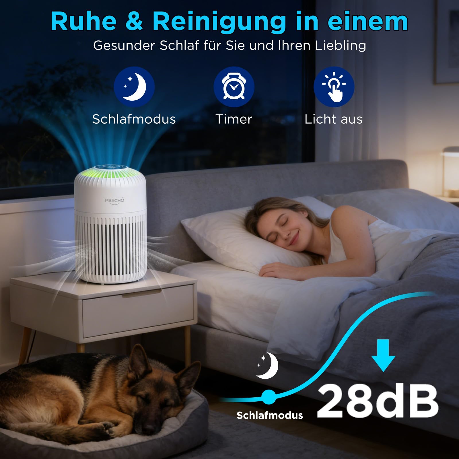 PEXCHO Luftreiniger Allergiker, 4-in-1 HEPA Filter, bis 35㎡ Aroma | App-Steuerung, Timer, 12W Aktivkohle Luftfilter entfernt 99,97% Allergene, Pollen, Tierhaare und Gerüche, Nachtlich leise