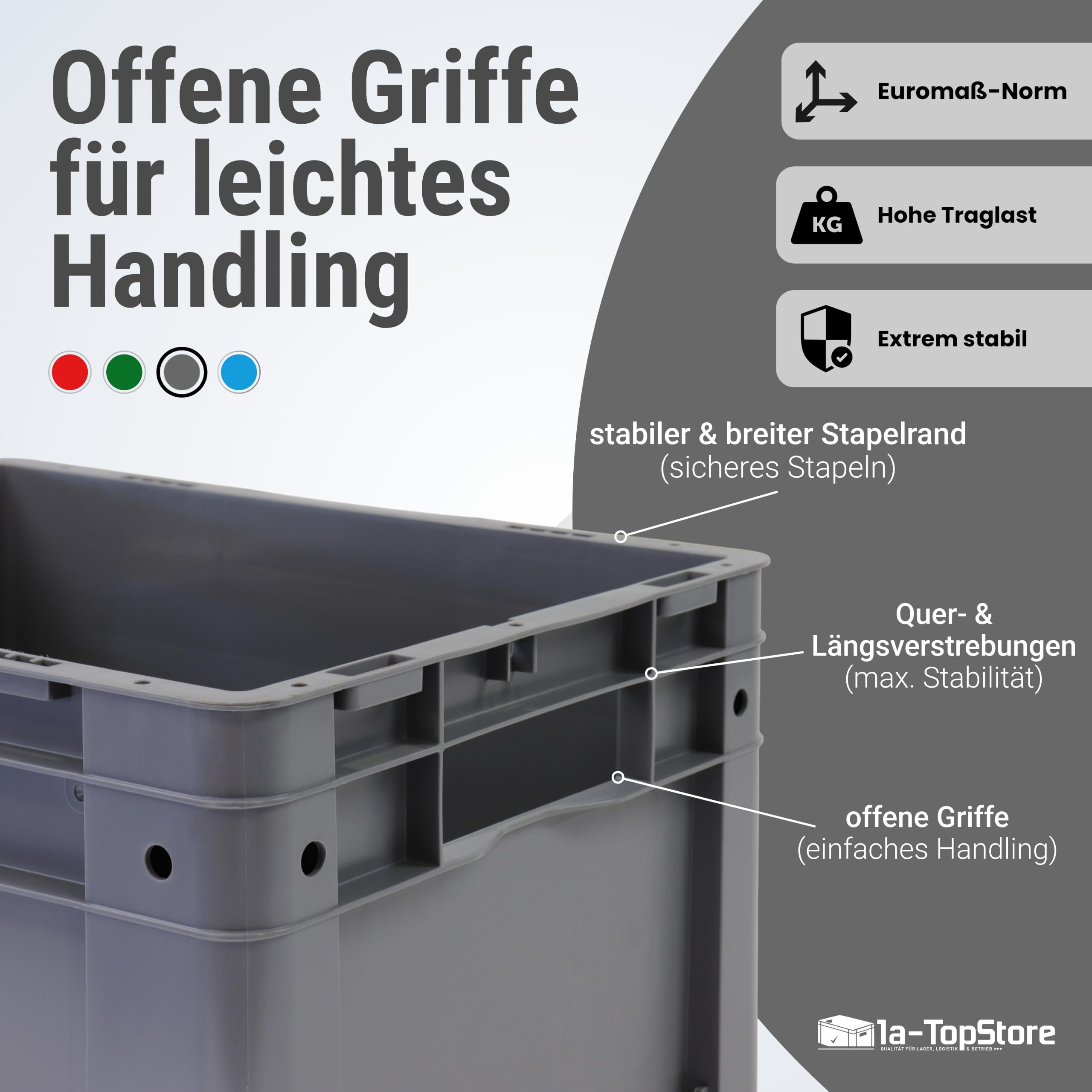 1a-TopStore Schwerlast Heavy-Duty Eurobox/Eurobehälter | massiver Rippenboden | stapelbar | mit Hohlkammerverstärkung | extrem hohe Traglast (grau, 60x40x32 cm)
