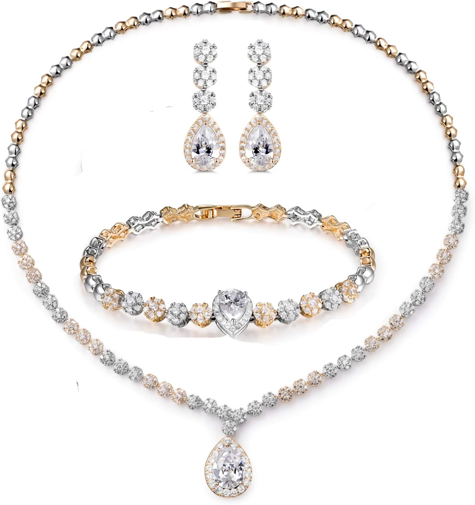 Jewelry Set for Women, Necklace Dangle Earrings Bracelet Set with White AAA Cubic Zirconia, Allergy Free Wedding Party Jewelry for Bridal Bridesmaid