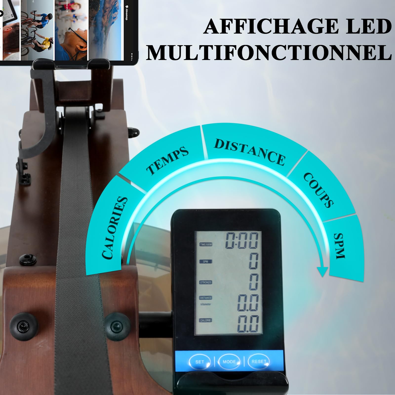 ISE Rameur Pliable à Eau Fitness, Rameur d'Appartement Pliable Maison/Bureau, avec Pompe à Eau, Niveau Résistance 30KG Maxi, Écran LCD, Siège Réglable, Water Rowing Machine Roue Transport Rail Lisse