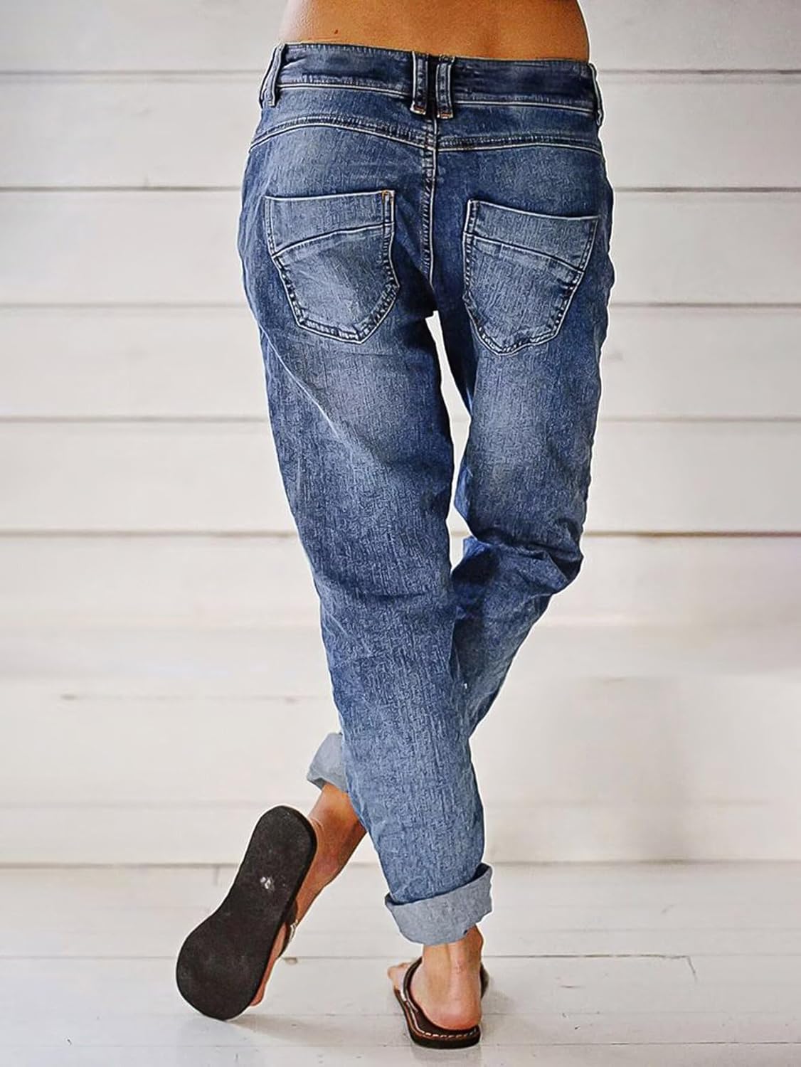 Flamingals Women’s Stretchy Straight Leg Casual Mid Rise Jeans Wash Button Fly Stitch Detail 90s Trendy Denim Jeans