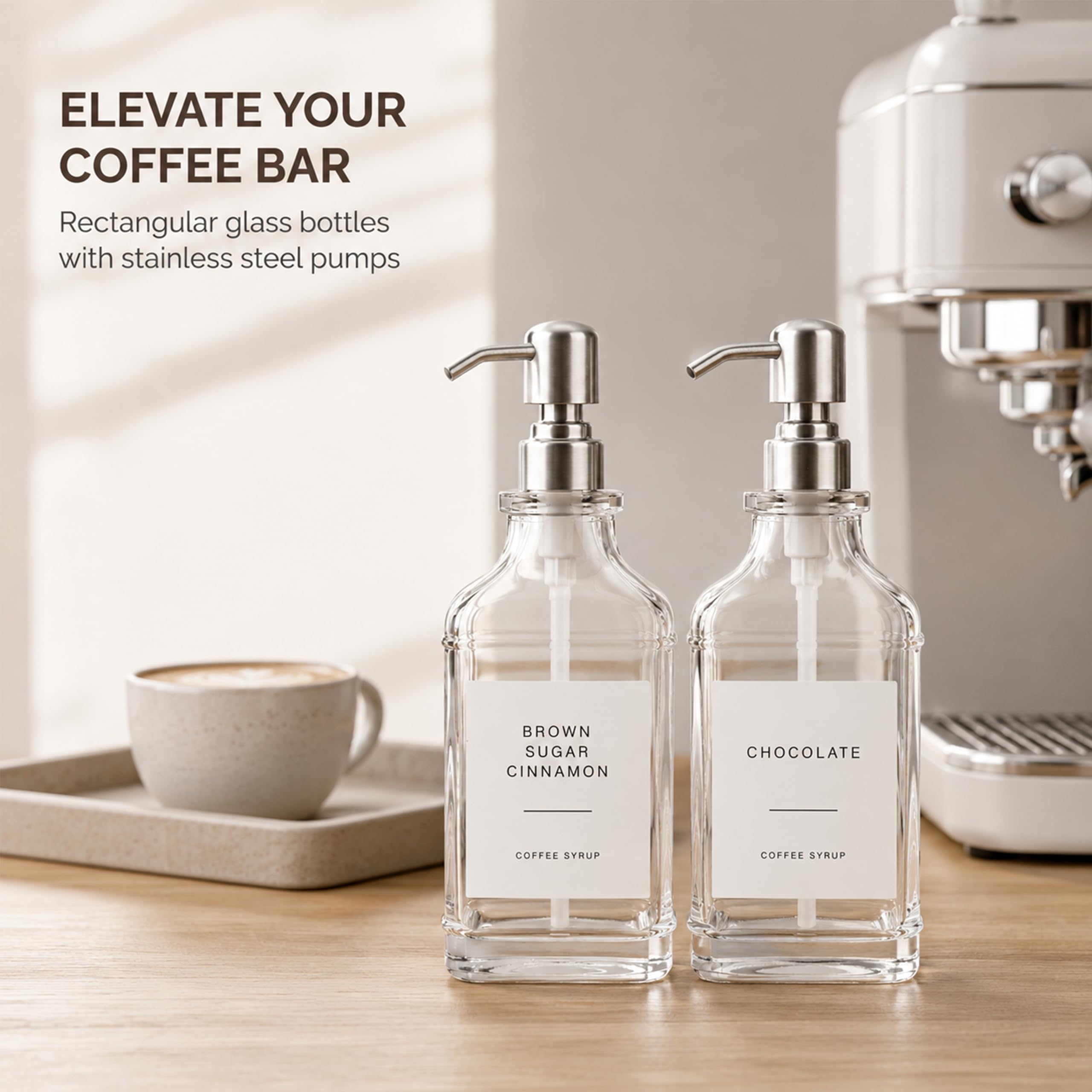 TECHSHARE 2er-Pack Kaffeesirupspender aus Glas mit Pumpe, Elegantes Kaffeebar-Zubehör mit Etikett, Wiederverwendbare Sirupflasche für die Küche (Sliver)