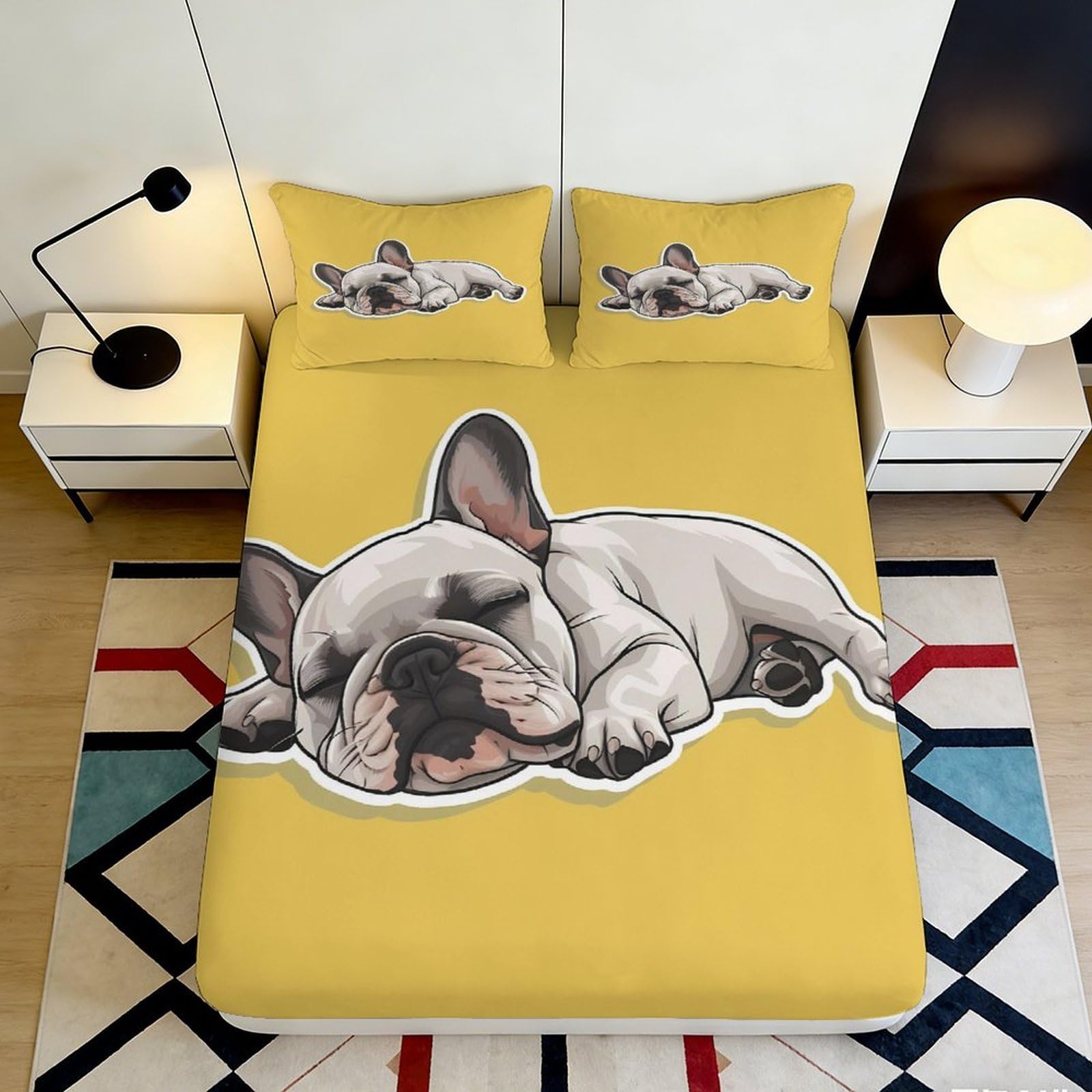 3D Printed Sleeping French Bulldog Fitted Sheet Microfiber Soft Yellow Cartoon Dog Mattress Cover Bedroom Decor 90x200x25cm