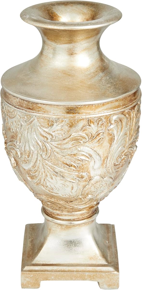 Deco 79 Jarrón decorativo de polipiedra tallado, florero para decoración del hogar, 7.0 x 7.0 x 14.0 in, dorado